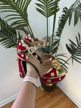 Women’s Red Embellished Platform Heels with Gold Accents